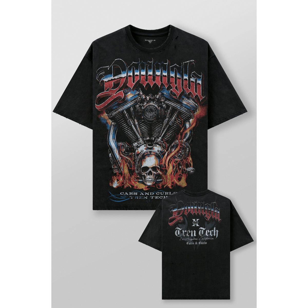 European size pure cotton American retro skull print men's T-shirt 230g heavyweight distressed round neck short sleeved versatile top