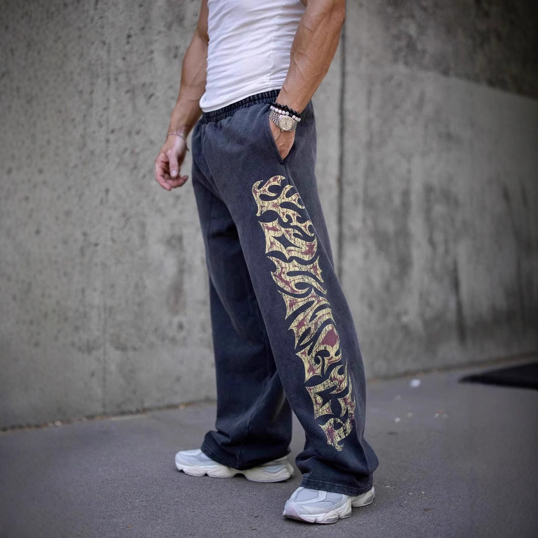 Foreign trade trendy brand YOUNG LA fitness pants men's sports pants American retro pants street printed straight leg pants