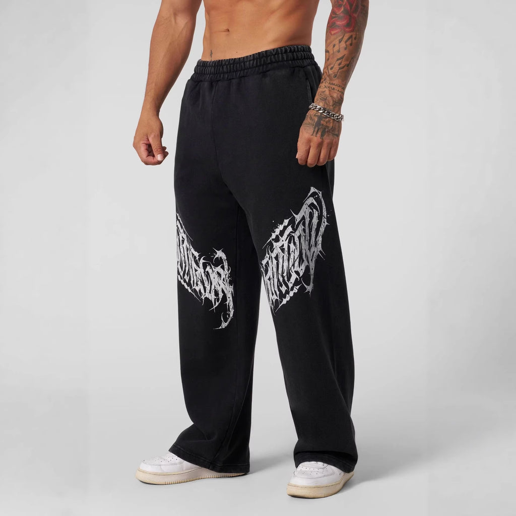 YONGLA men's sports pants with leaf camouflage print straight leg casual pants, loose sports outdoor wide leg pants
