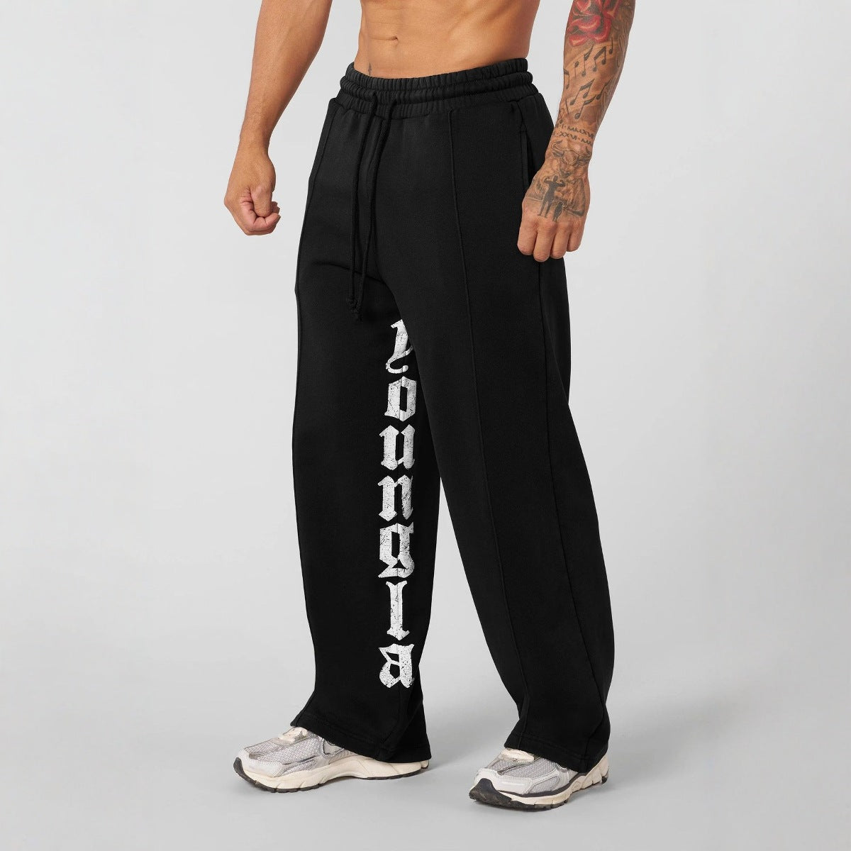 YOUNG LA American letter printed casual pants for runners, muscle exercise and fitness, cotton loose straight leg pants