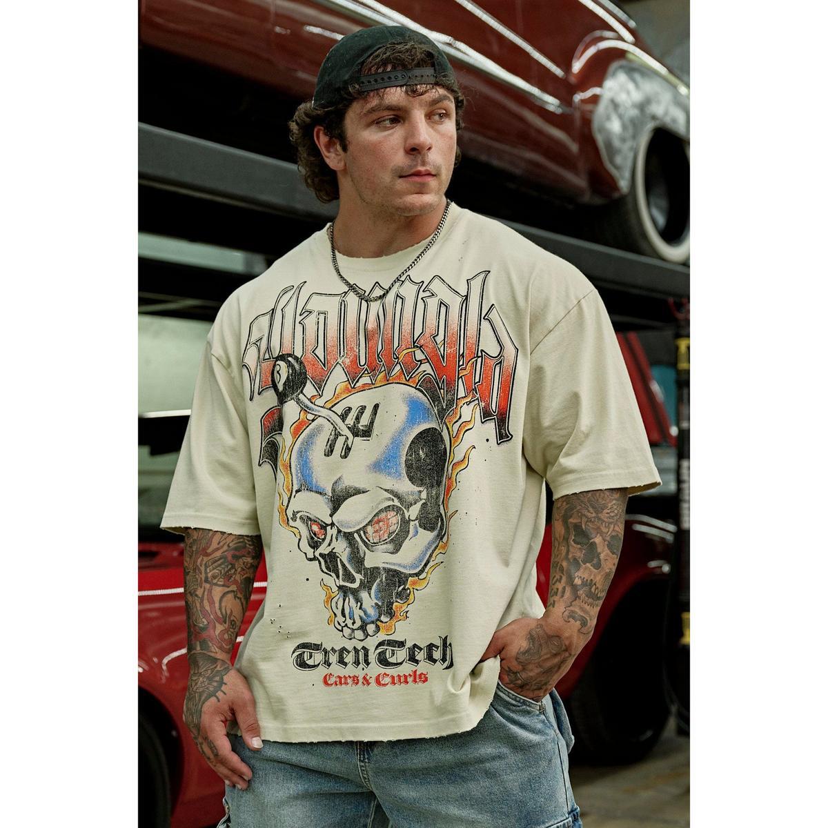 European size pure cotton American retro skull print men's T-shirt 230g heavyweight distressed round neck short sleeved versatile top