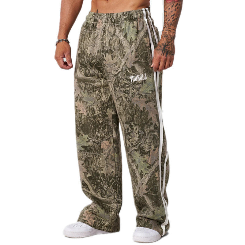 YOUNG LA American Running, Leisure, Breathable, Splicing, Fitness, Straight, Loose, Wide Legs, Blue Ball Camouflage Pants