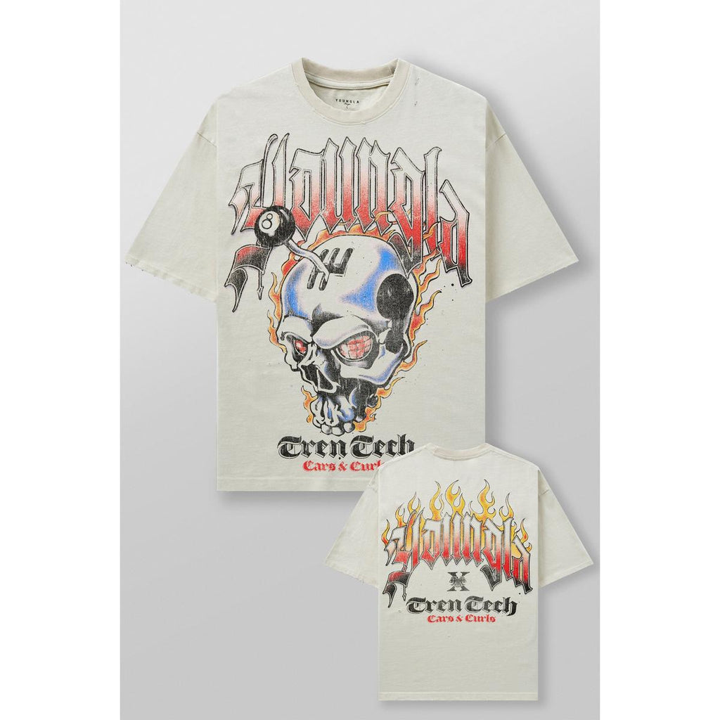 European size pure cotton American retro skull print men's T-shirt 230g heavyweight distressed round neck short sleeved versatile top