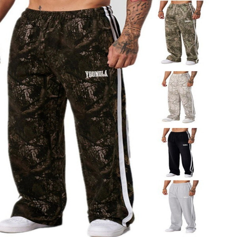 YOUNG LA American Running, Leisure, Breathable, Splicing, Fitness, Straight, Loose, Wide Legs, Blue Ball Camouflage Pants
