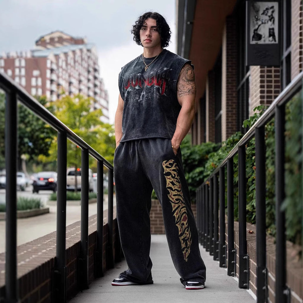 Foreign trade trendy brand YOUNG LA fitness pants men's sports pants American retro pants street printed straight leg pants