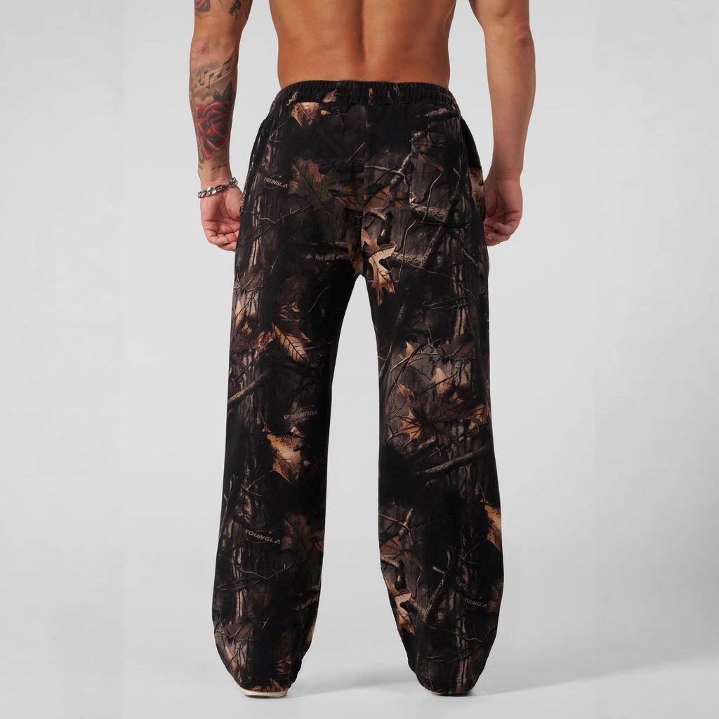 YONGLA men's sports pants with leaf camouflage print straight leg casual pants, loose sports outdoor wide leg pants