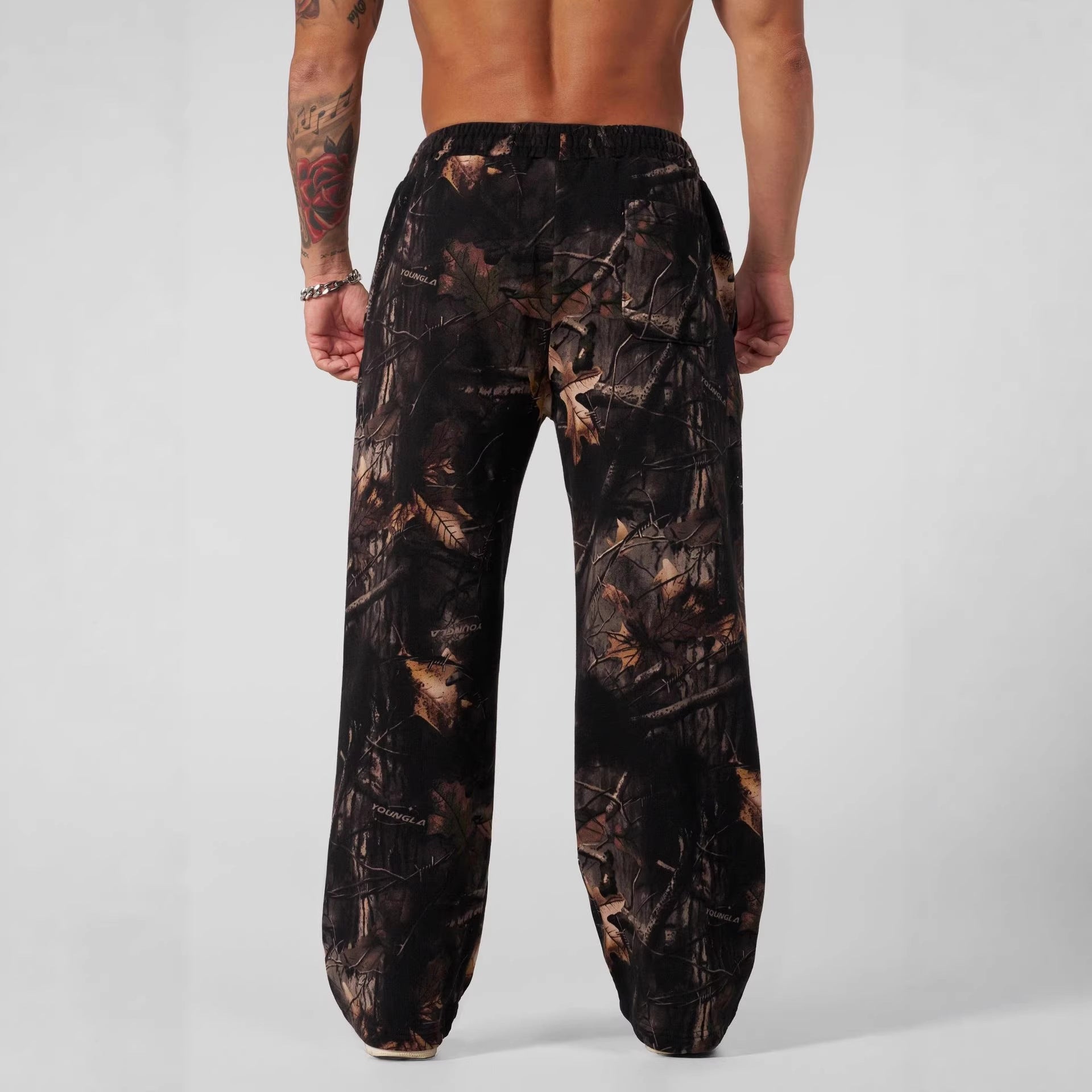 YONGLA men's sports pants with leaf camouflage print straight leg casual pants, loose sports outdoor wide leg pants