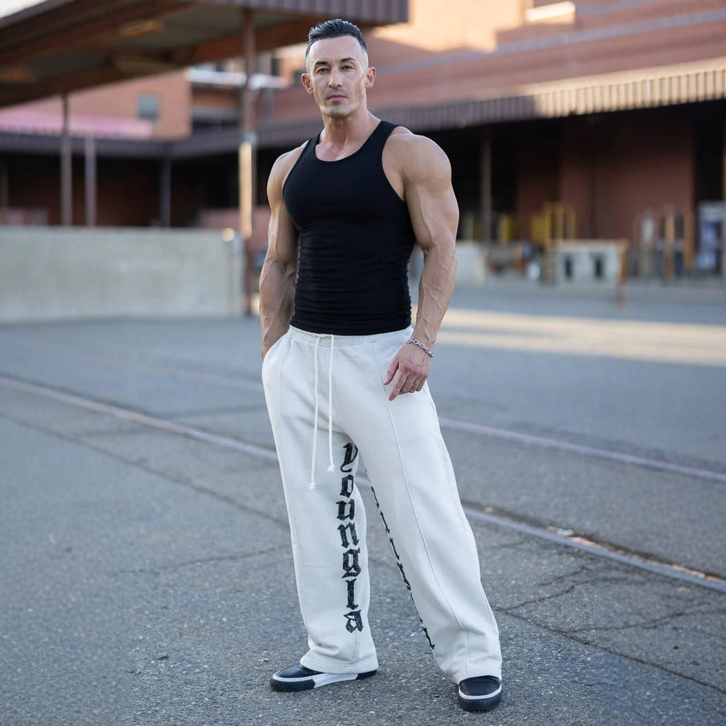YOUNG LA American letter printed casual pants for runners, muscle exercise and fitness, cotton loose straight leg pants