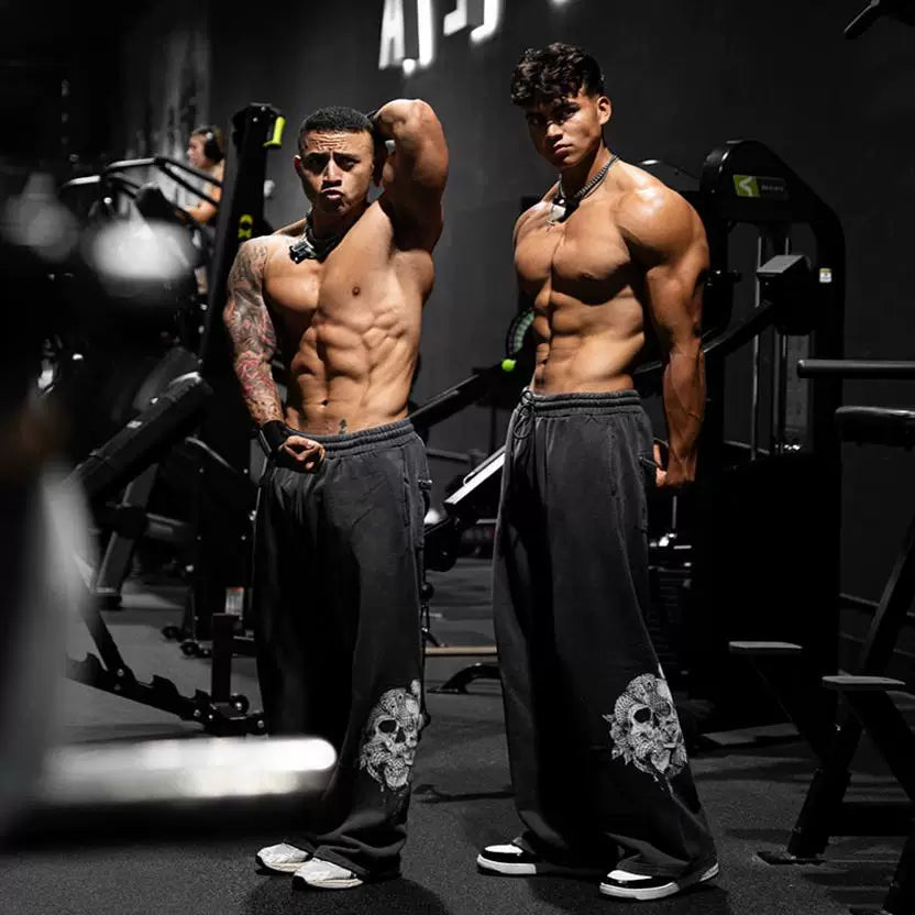 YOUNG LA Muscle Exercise Fitness Set Men's Printed Hoodie Long Sleeve Sweatshirt Running Training Pants American Trendy