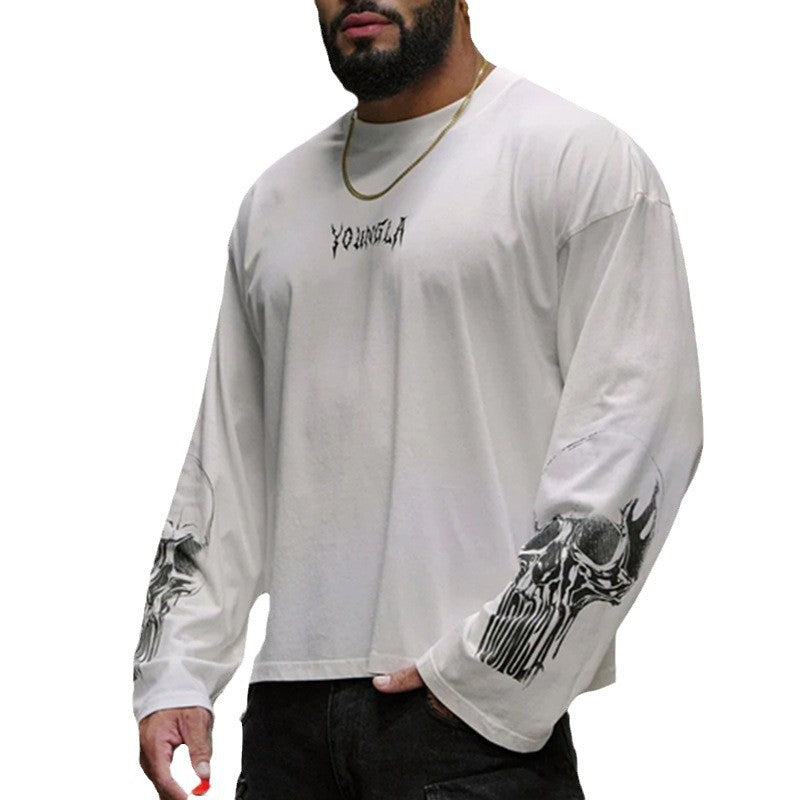 American style new spring and autumn men's casual loose long sleeved T-shirt cotton round neck sports and fitness training base shirt
