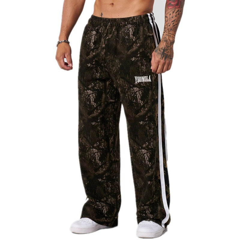 YOUNG LA American Running, Leisure, Breathable, Splicing, Fitness, Straight, Loose, Wide Legs, Blue Ball Camouflage Pants