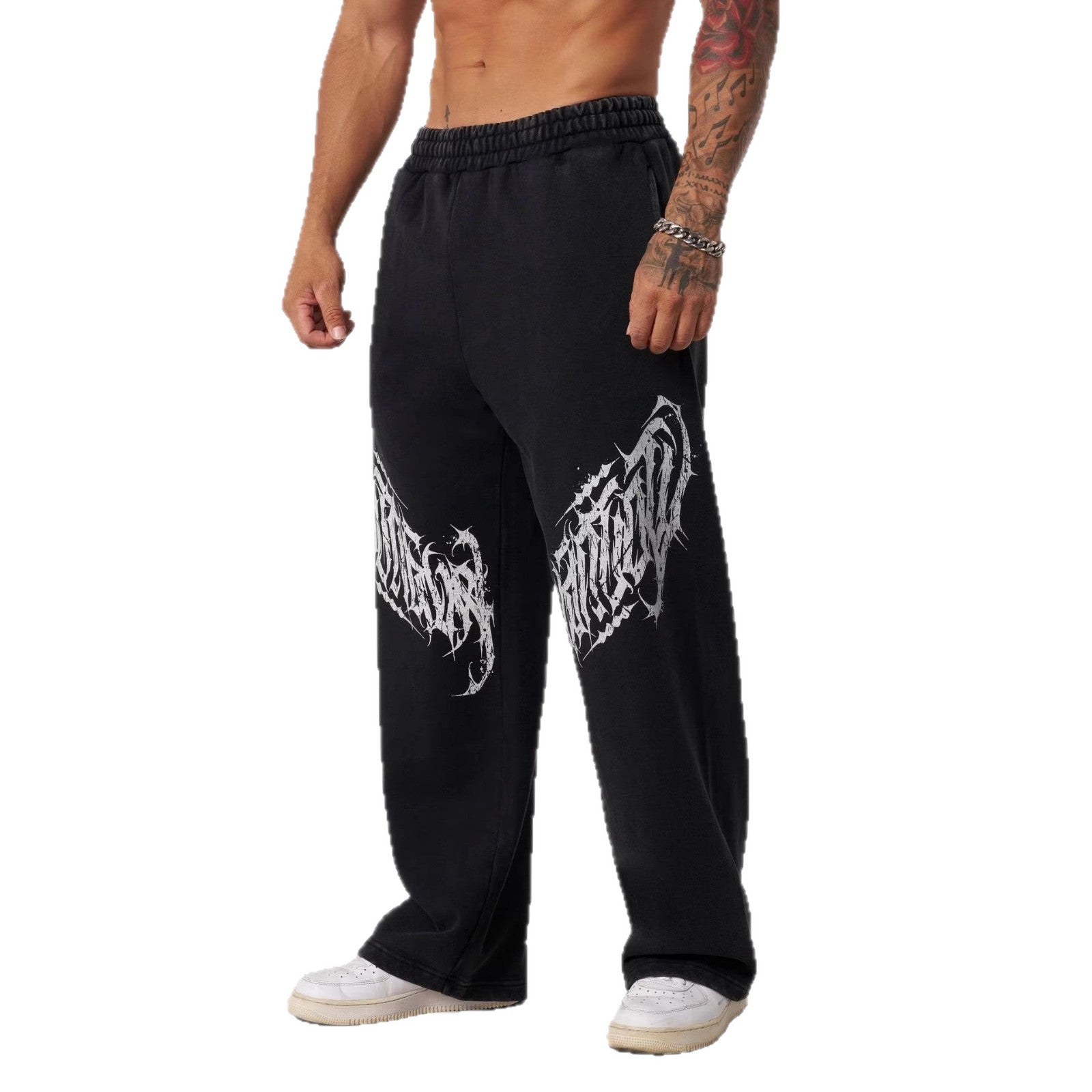 YONGLA men's sports pants with leaf camouflage print straight leg casual pants, loose sports outdoor wide leg pants