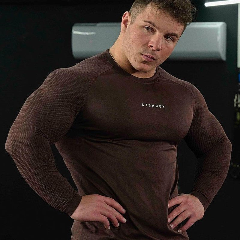 Autumn and winter YOUNG long sleeved men's muscle fitness, slim fit, breathable, casual, elastic training, solid color top