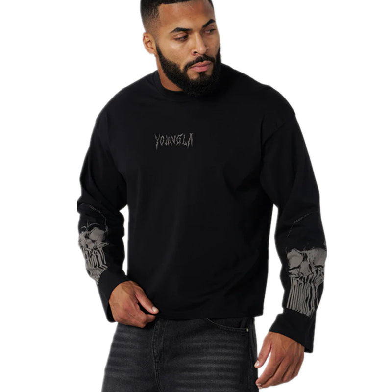 American style new spring and autumn men's casual loose long sleeved T-shirt cotton round neck sports and fitness training base shirt