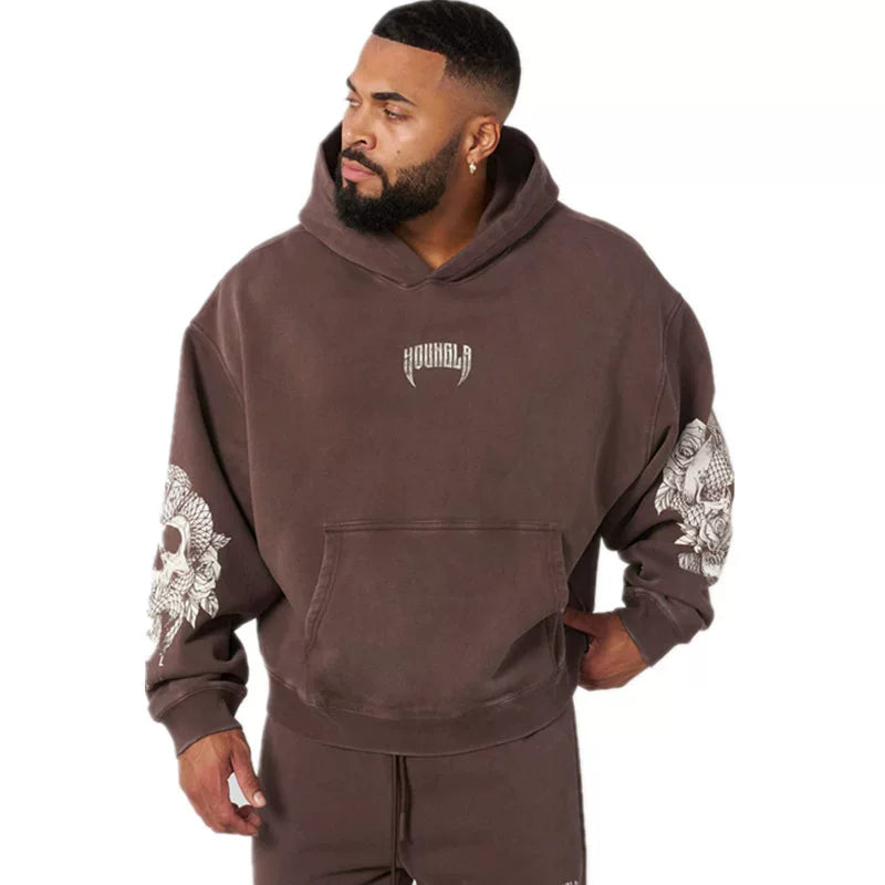 YOUNG LA Muscle Exercise Fitness Set Men's Printed Hoodie Long Sleeve Sweatshirt Running Training Pants American Trendy