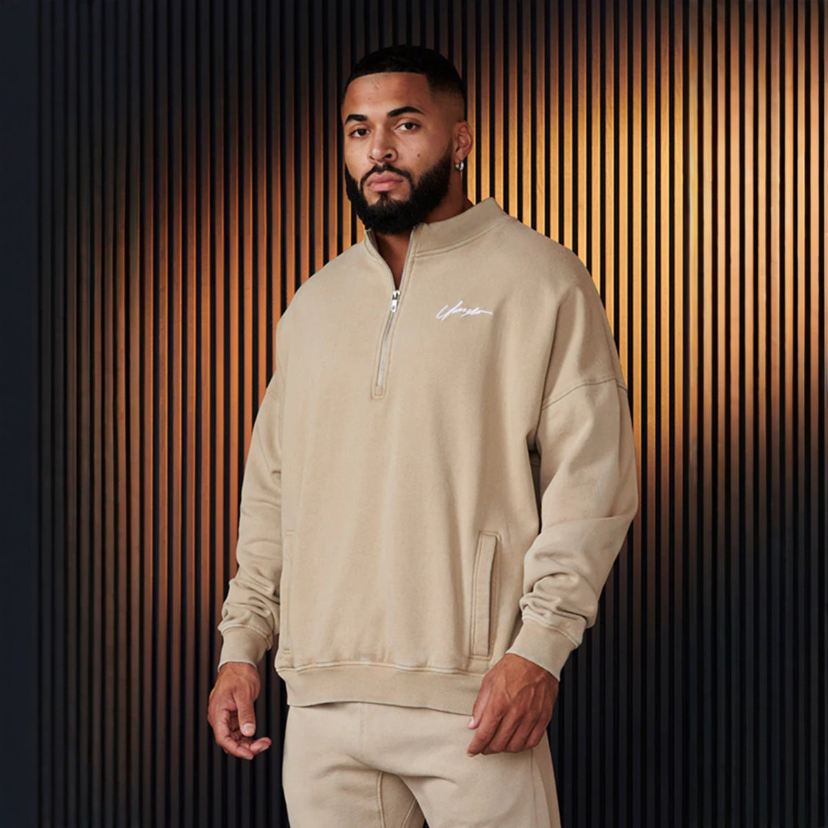 YOUNG LA American style new men's half zip hoodie cotton sports muscle fitness jacket running training long sleeved