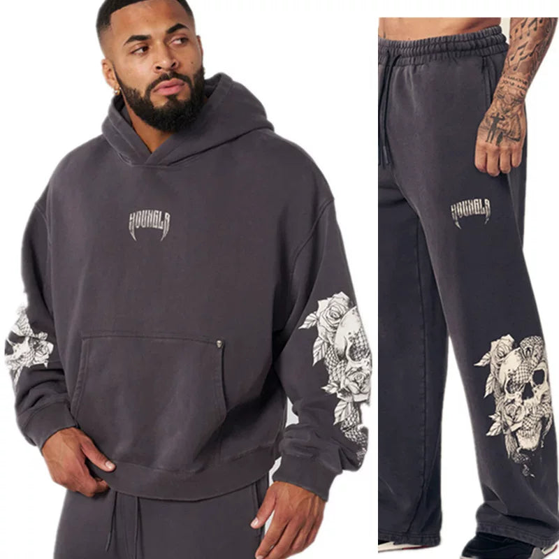 YOUNG LA Muscle Exercise Fitness Set Men's Printed Hoodie Long Sleeve Sweatshirt Running Training Pants American Trendy