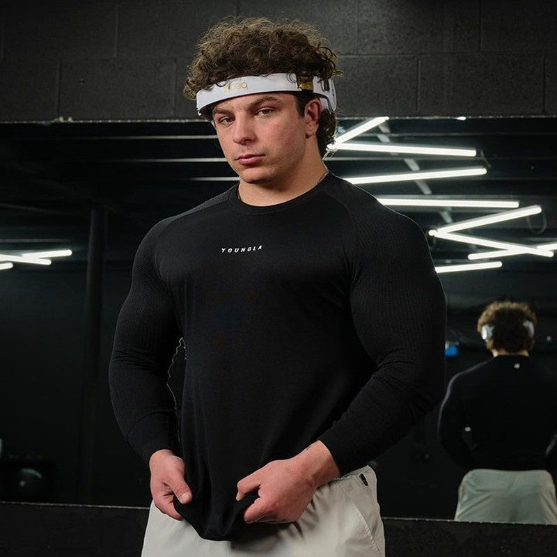 Autumn and winter YOUNG long sleeved men's muscle fitness, slim fit, breathable, casual, elastic training, solid color top