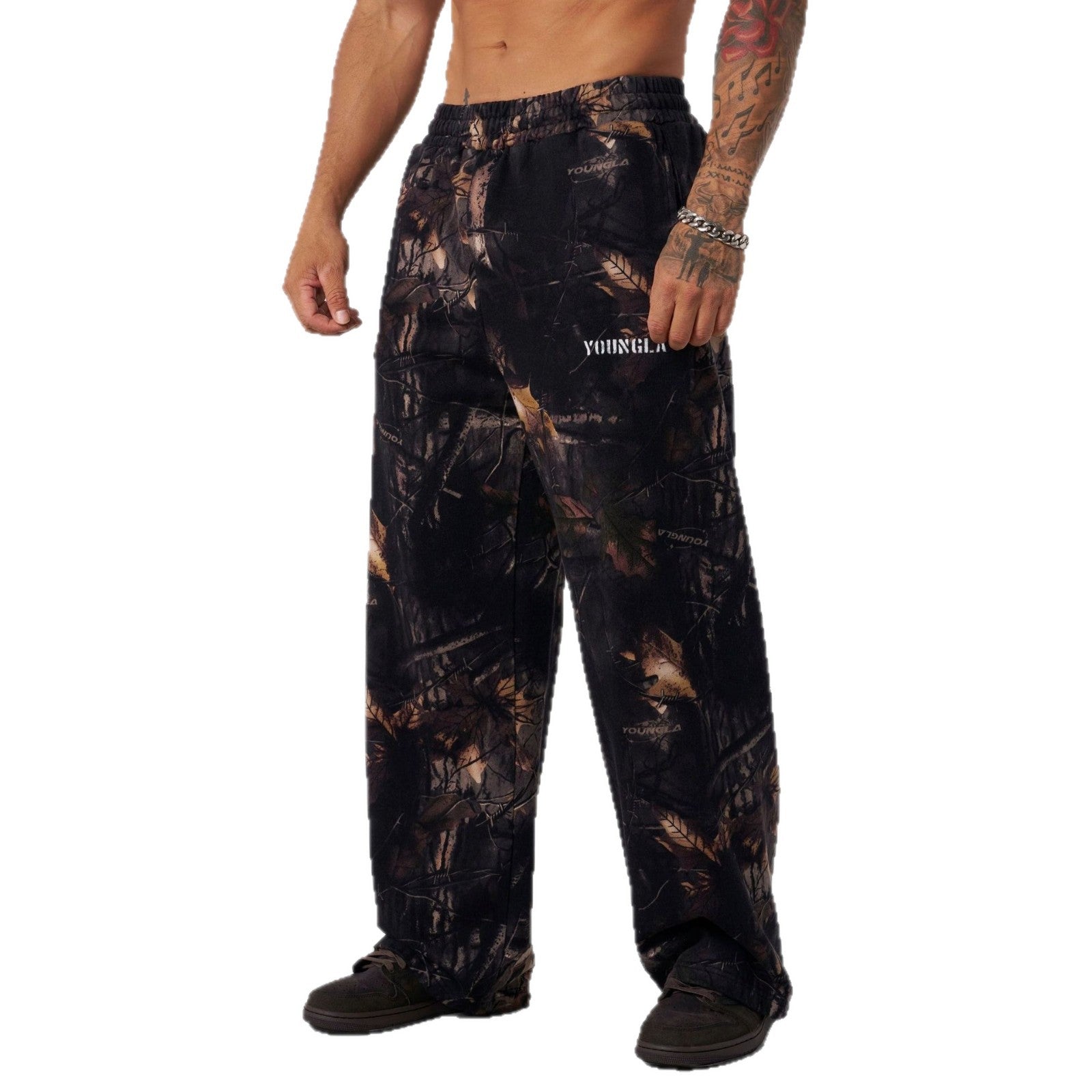 YOUNG LA American Leaf Camouflage Printed Straight Leg Casual Pants for Men, Loose Sports Outdoor Camouflage Wide Leg Pants