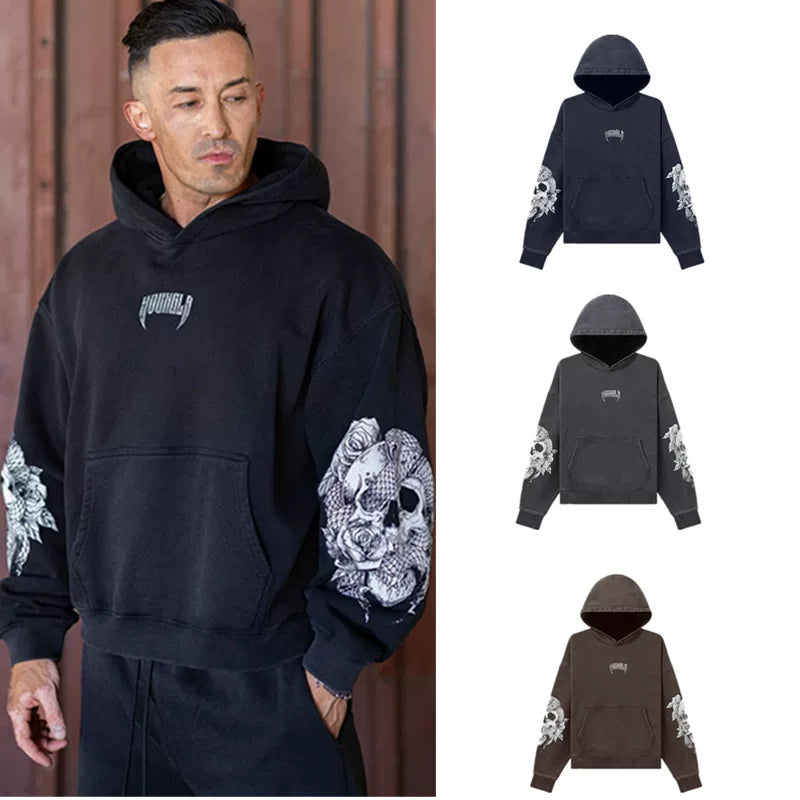 YOUNG LA Muscle Exercise Fitness Set Men's Printed Hoodie Long Sleeve Sweatshirt Running Training Pants American Trendy