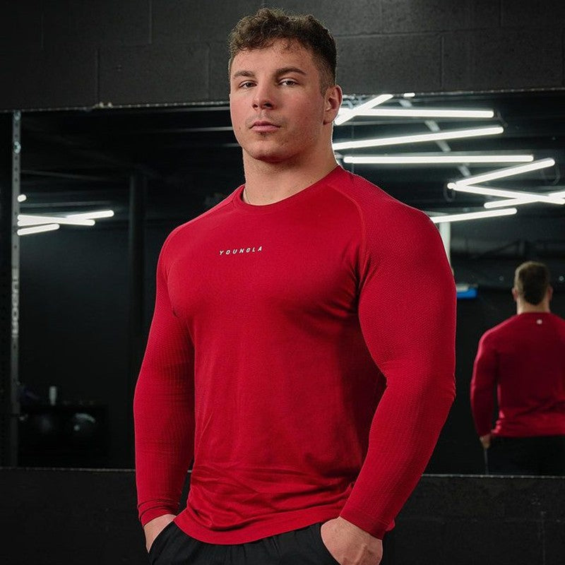 Autumn and winter YOUNG long sleeved men's muscle fitness, slim fit, breathable, casual, elastic training, solid color top