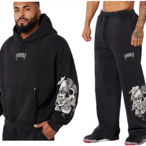 YOUNG LA Muscle Exercise Fitness Set Men's Printed Hoodie Long Sleeve Sweatshirt Running Training Pants American Trendy